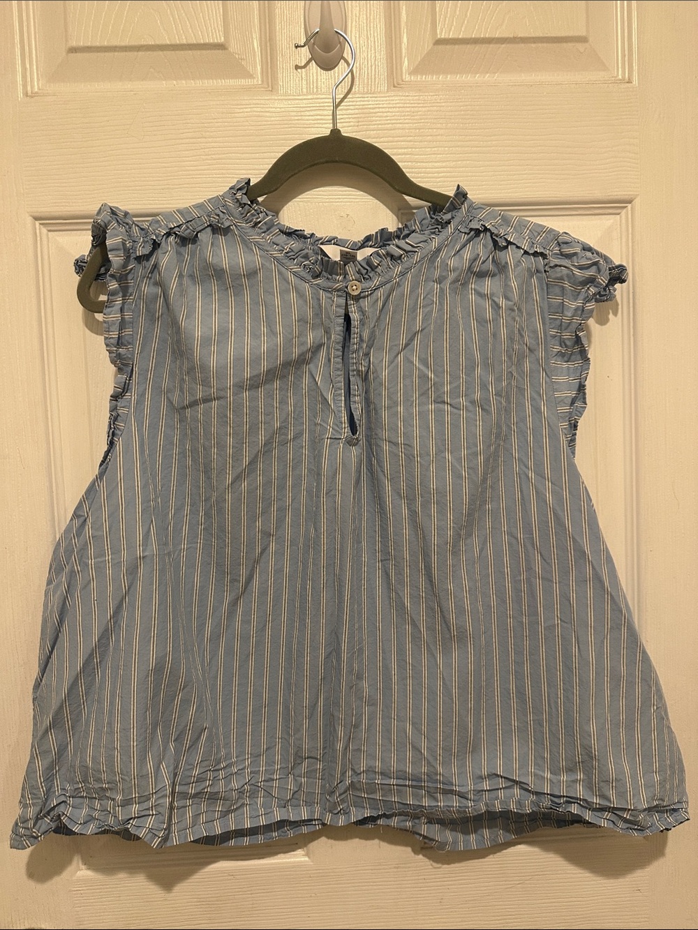 Time and Tru Blue and White Striped Ruffle Neck Sleeveless top